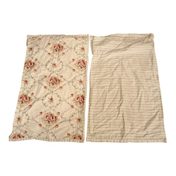 Dorma Vintage Pink Floral Front Gray Striped Back Pillow Cases All Cotton VGUC - Picture 1 of 7